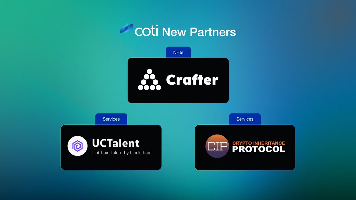 COTI's ecosystem continues to grow with new partnerships, unlocking new use cases for Web3 privacy 💫
🛠️Create no-code solutions <a href="/crafter_app/">Crafter</a> 
🔍Find Web3 talent <a href="/UCTalent_io/">UCTalent Labs</a> 
👨‍👦Protect your crypto legacy with Crypto Inheritance Protocol.
Read more: cotinetwork.medium.com/coti-welcomes-…
$COTI