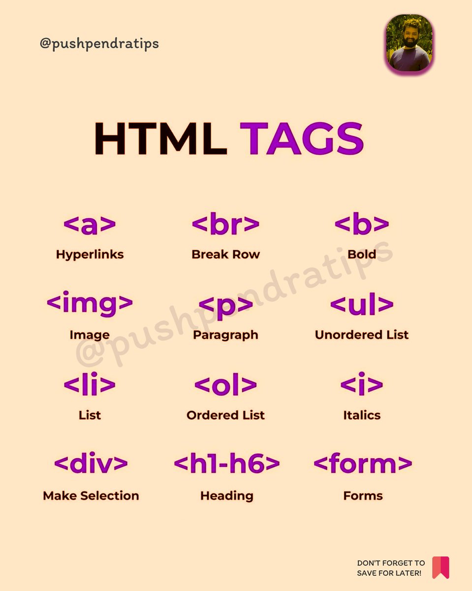 pushpendratips's tweet image. The full form of HTML is HyperText Markup Language.
🔥 What is an HTML Tag?
HTML tags are special keywords used to create the structure of a web page.
👉 Syntax:
&lt;tagname&gt;Content goes here...&lt;/tagname&gt;
✅ Example:
&lt;h1&gt;Hello World&lt;/h1&gt;
Here:
&lt;h1&gt; = Opening Tag
Hello World =…