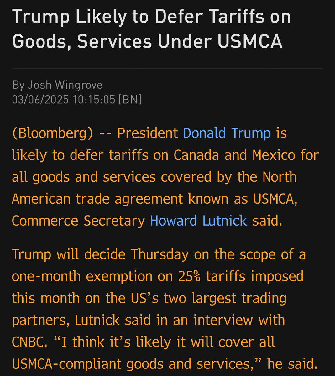 It would appear that Trump is considering carving out items under USMCA where Canada and Mexico  honored zero tariffs, to stay consistent with the reciprocity principal, as discussed.

Goldmilio