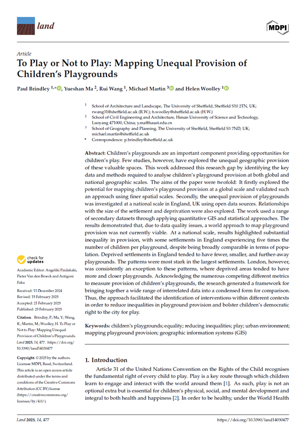 NEW #Playgrounds research w. <a href="/DrPaulBrindley/">Paul Brindley</a> #YueshanMa #RuiWang &amp; #HelenWoolley in <a href="/Land_MDPI/">Land MDPI</a> 

Using #opensource data we explore 33,736 #playgrounds in #England

Our study generates a new framework to help reduce #play inequalities nationally

FREEACCESS mdpi.com/2073-445X/14/3…