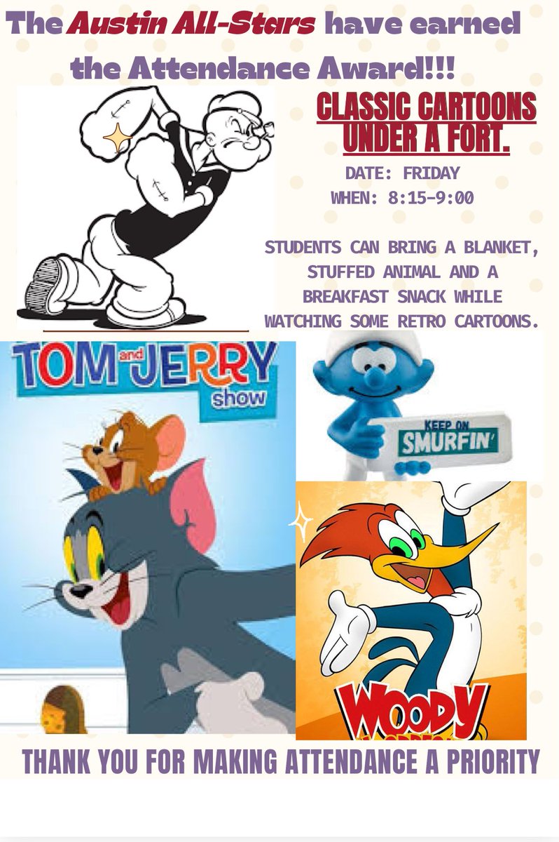Congrats to my homeroom class The #Austin’s All-Stars on reaching their attendance goal. Looking forward to sharing some classic cartoons with them tomorrow. Another 🎯 hit to set us up for a bigger 🎯 coming real soon. #STAARwho #WeReady4STAAR