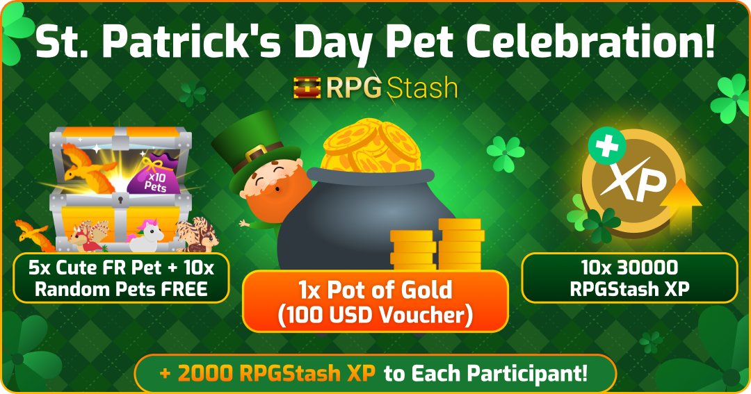 RPGStash's tweet image. 🍀 St. Patrick's Day Adopt Me Pets GiveAway! 🎉

✨ Don't Miss a Chance to Win a Pot of Gold! 💰

🏆 1x Grand Champion Prize: Pot of Gold (100 USD Voucher) 
🎁 5x Runner-Up Prizes: Cute FR Pet + 10x Random Pets FREE
🎁 10x Bonus Winner Prizes: 30000 RPGStash XP

👉 + 2000…