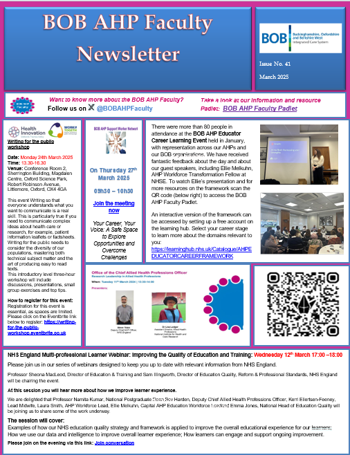 ❗️The latest BOB AHP Faculty newsletter is out now❗️
 
Highlights include: 
📌The Writing for the Public workshop on March 24th 
📌the NHS England Multi-professional Learner Webinar on March 12th

Download here: bhsca.co.uk/allied-health-…