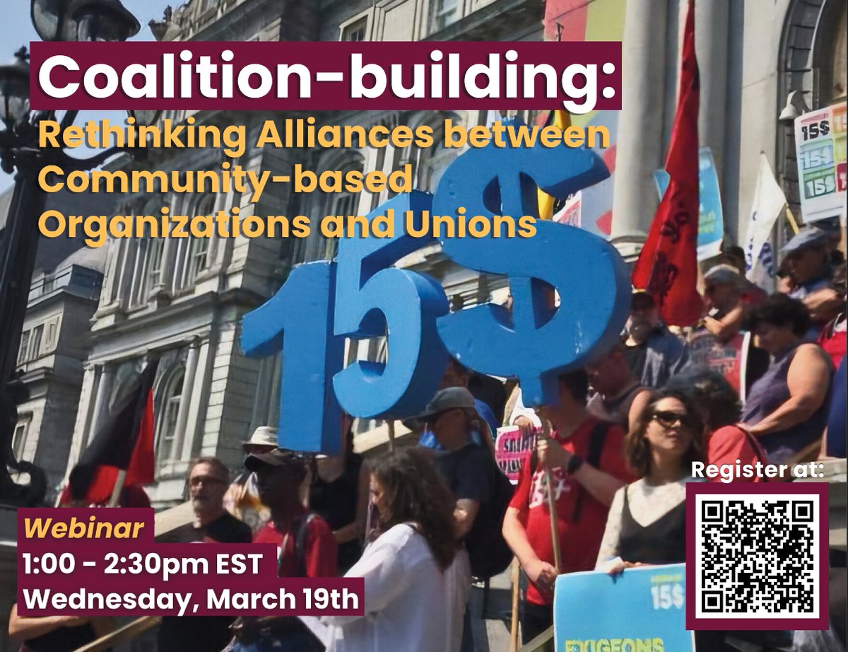 Mac Labour Studies (@maclabour) on Twitter photo Join us March 19 for the last instalment in our 2024-25 webinar series w/ <a href="/FauvelMylene/">Mylene Fauvel</a> on union-community coalition-building and lessons from #Quebec's minimum wage movement
Scan the QR code or register here 👉 us02web.zoom.us/webinar/regist…
#canlab #unions #coalitions #organizing Join us March 19 for the last instalment in our 2024-25 webinar series w/ <a href="/FauvelMylene/">Mylene Fauvel</a> on union-community coalition-building and lessons from #Quebec's minimum wage movement
Scan the QR code or register here 👉 us02web.zoom.us/webinar/regist…
#canlab #unions #coalitions #organizing