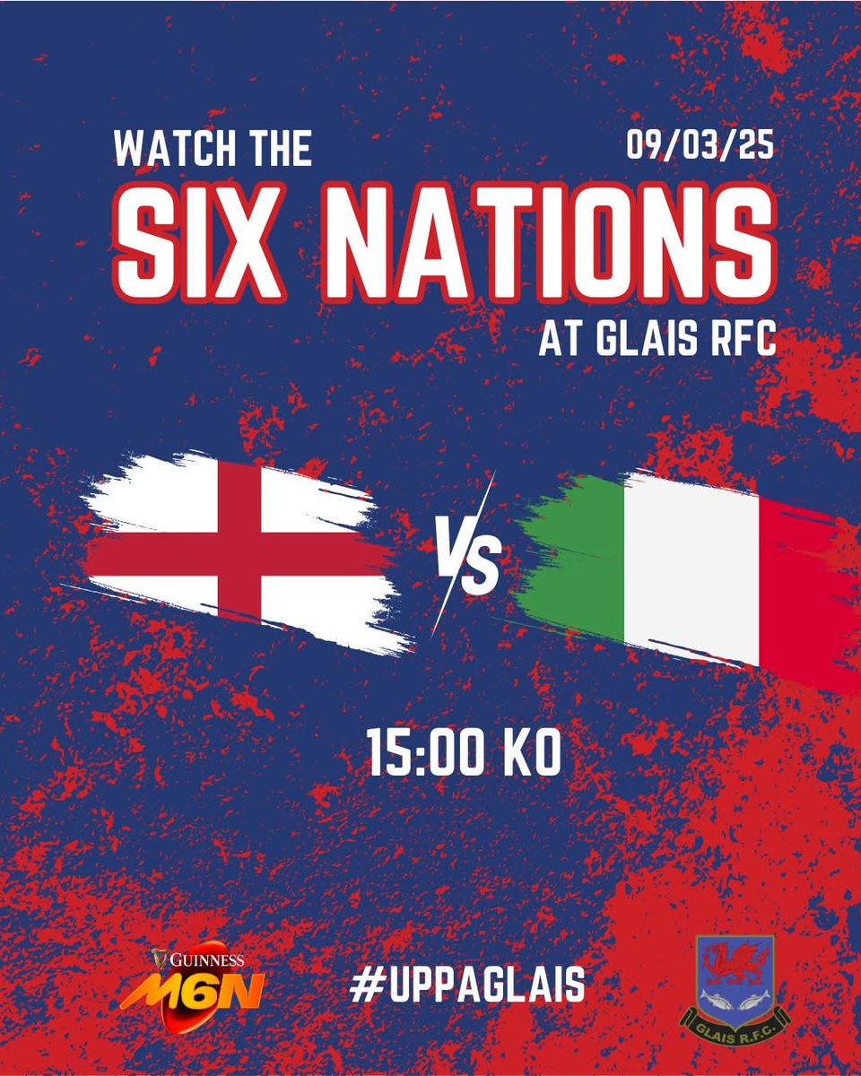 🏉 ROUND 4 🏉

Don't miss the Round 4 action this weekend! Catch all the games live on the big screen at Glais RFC🍻🏉!

Saturday 8th 
🇮🇪 V 🇫🇷  - KO 14:15pm
🏴󠁧󠁢󠁳󠁣󠁴󠁿 V 🏴󠁧󠁢󠁷󠁬󠁳󠁿  - KO 16:45pm

Live Music from 7.30pm onwards 🎶💃

Sunday 9th 
🏴󠁧󠁢󠁥󠁮󠁧󠁿  V 🇮🇹 - KO 15:00pm
 
#6nations #glaisrugbyclub