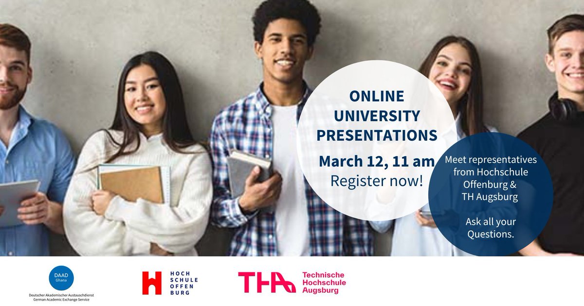 Technische Hochschule Augsburg (@th_augsburg) on Twitter photo Online University Presentations - March 2025. lnkd.in/dPbb6uf3 Mittwoch, 12. März 2025, 12:00 - 13:15 (UTC+01:00) Amsterdam, Berlin, Bern, Rom, Stockholm, Wien. Gastgeber: <a href="/DAAD_GHANA/">DAAD Ghana</a> Online University Presentations - March 2025. lnkd.in/dPbb6uf3 Mittwoch, 12. März 2025, 12:00 - 13:15 (UTC+01:00) Amsterdam, Berlin, Bern, Rom, Stockholm, Wien. Gastgeber: <a href="/DAAD_GHANA/">DAAD Ghana</a>