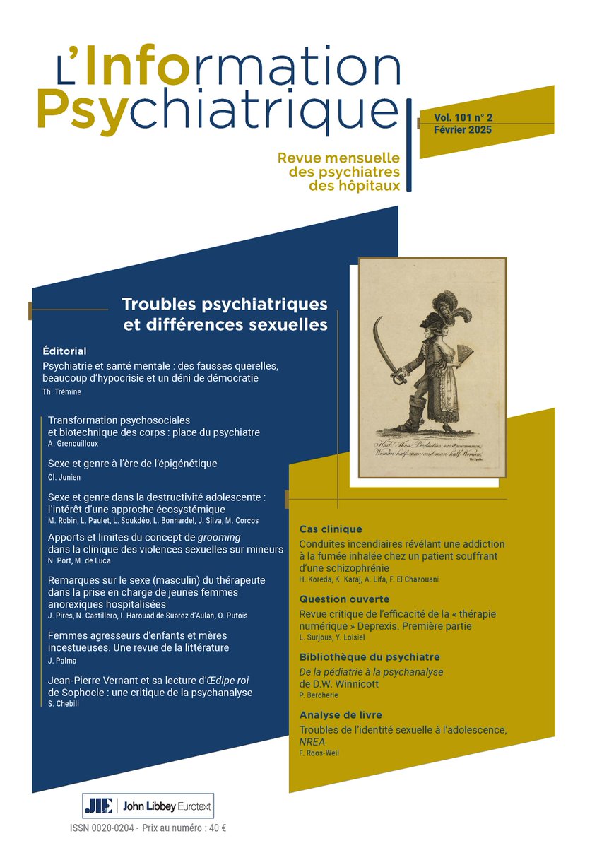 L_InfoPsy's tweet image. L'Information #Psychiatrique numéro 2-2025 vient de paraître tinyurl.com/m99je2w5 !
Ce numéro traite de corps, de sexe et de genre, jusque dans leurs déclinaisons pathologiques, dans un environnement socioculturel où ces notions sont mouvantes et sources d'identités fragiles.