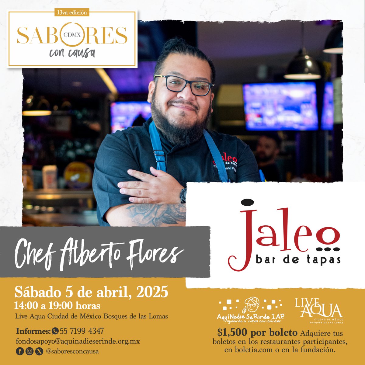 ¡Prepárate para una experiencia culinaria inolvidable!
El chef @albertocubain del restaurante <a href="/JaleoPolanco/">Jaleo Bar De Tapas</a>  se suma a la 13 ava edición de @saboresconcausa, evento culinario que #CambiarVidas.
Adquiere tus boletos en  Boletia o en restaurantes participantes. ¡No faltes!