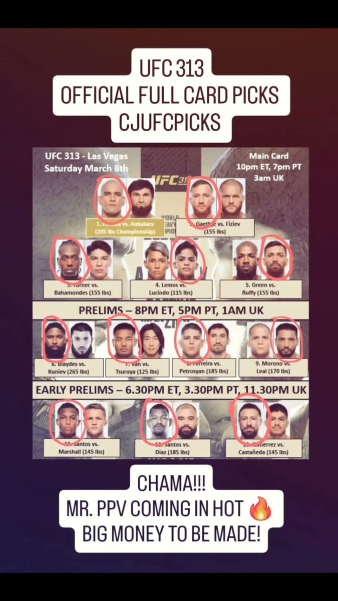 CJUFCPicks's tweet photo. My official Full Card Picks for UFC 313 live on PPV! #MMATwitter #GamblingX #ufc313 #ankaleavvspereira #ufcppv #ufcvideo #ufchighlights #ufcpicks #ufcpredictions #mmahighlight #mmaedit #mmanews #ufcnews #lock #fight #knockout #chama #fyp #cjufcpicks https://t.co/qe37QfExit