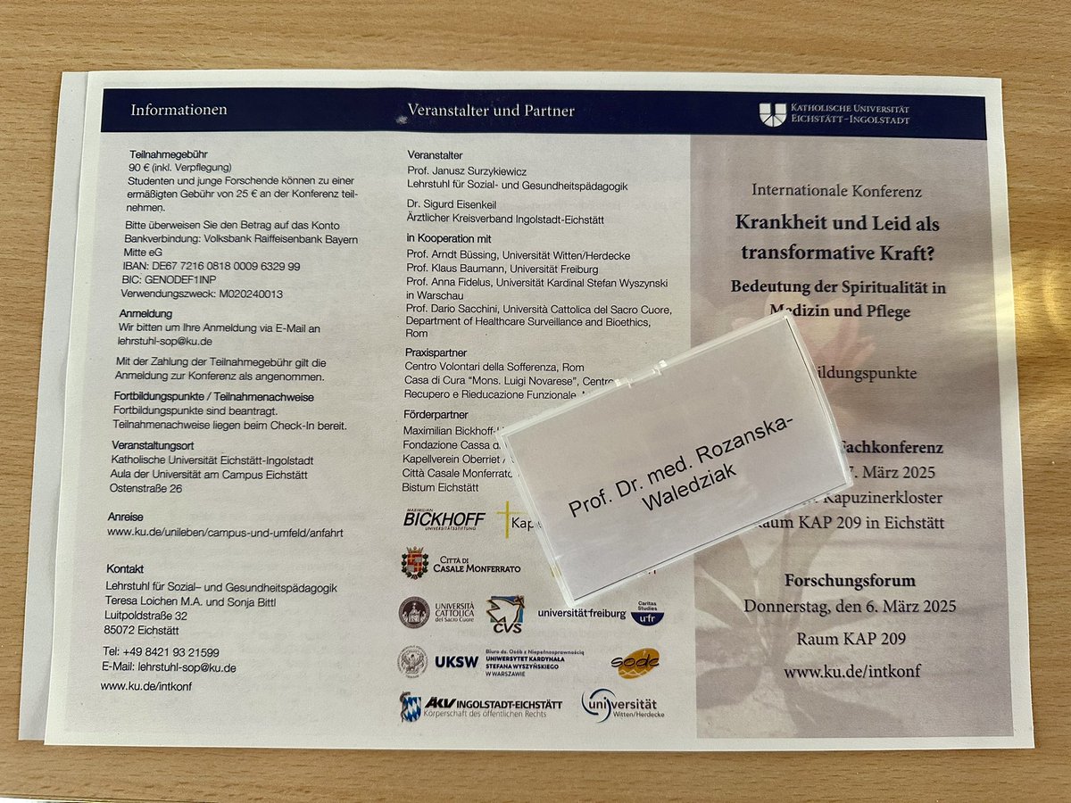 I have the honour of representing wMCM UKSW at Meet the Experts, International Conference “Illness and suffering as a transformative force”, Katholische Universität Eichstätt-Ingolstadt. 
<a href="/FilipMSzymanski/">Prof. Filip M. Szymanski</a> <a href="/WMCM_UKSW/">Faculty of Medicine, Cardinal Wyszynski University</a> <a href="/UKSW_Warszawa/">UKSW</a> <a href="/AdamKobayashiMD/">Adam Kobayashi</a>