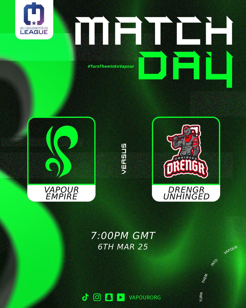 MATCH-DAY!

🏅 - Division 6 - ECL WR1
🆚 - Drengr Unhinged
🕗 - 7:00pm
📅 - 6th Mar 25

🟢 - Ozyned
⚫ - Stabzii
🟢 - Streakzzy
⚫ - Dannybee 

📺 - twitch.tv/agentguava

The boys are ready to begin their playoff campaign with a big opening victory eyeing rematch clash with