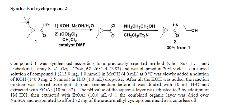 hey any chemists with synthetic experience in making the compound 1.
like a real protocol not that shabby reference.
our yield is just pointless.
How do you make you methycyclopropene for click chemistry if by this way? #click
thank  you