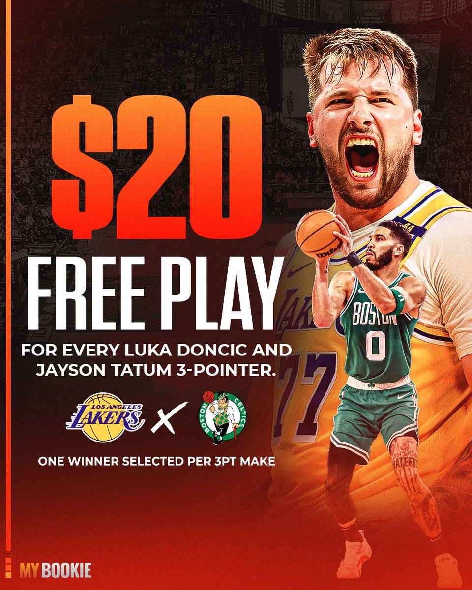 MyBookie - Bet With The Best (@mybookie) on Twitter photo 🚨🚨LAKERS VS CELTICS FREE PLAY🚨🚨
#FreePlaySZN is for basketball season!
Every 3 point shot made by Luka Doncic and Jayson Tatum will get someone a $20 free play!
How to enter ⤵️
- LIKE + RT this post ❤️
- Must be following us <a href="/MyBookie/">MyBookie - Bet With The Best</a> ✅
- Reply with a gif of Luka or Tatum 🚨🚨LAKERS VS CELTICS FREE PLAY🚨🚨
#FreePlaySZN is for basketball season!
Every 3 point shot made by Luka Doncic and Jayson Tatum will get someone a $20 free play!
How to enter ⤵️
- LIKE + RT this post ❤️
- Must be following us <a href="/MyBookie/">MyBookie - Bet With The Best</a> ✅
- Reply with a gif of Luka or Tatum