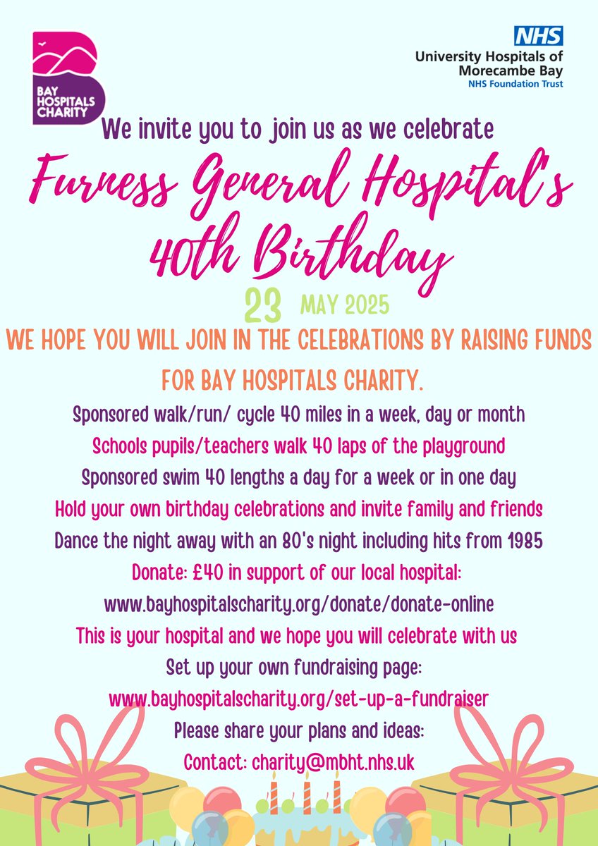 Bay Hospitals Charity (@bayhospitals) on Twitter photo We invite you to join us as we celebrate Furness General Hospital's 40th birthday.
We can't wait to hear your wonderful plans on how you plan to raise funds for FGH.
Email: charity@mbht.nhs.uk and let us know how you plan to make a difference. <a href="/UHMBT/">MorecambeBayNHSTrust</a>
bayhospitalscharity.org/donate/donate-… We invite you to join us as we celebrate Furness General Hospital's 40th birthday.
We can't wait to hear your wonderful plans on how you plan to raise funds for FGH.
Email: charity@mbht.nhs.uk and let us know how you plan to make a difference. <a href="/UHMBT/">MorecambeBayNHSTrust</a>
bayhospitalscharity.org/donate/donate-…