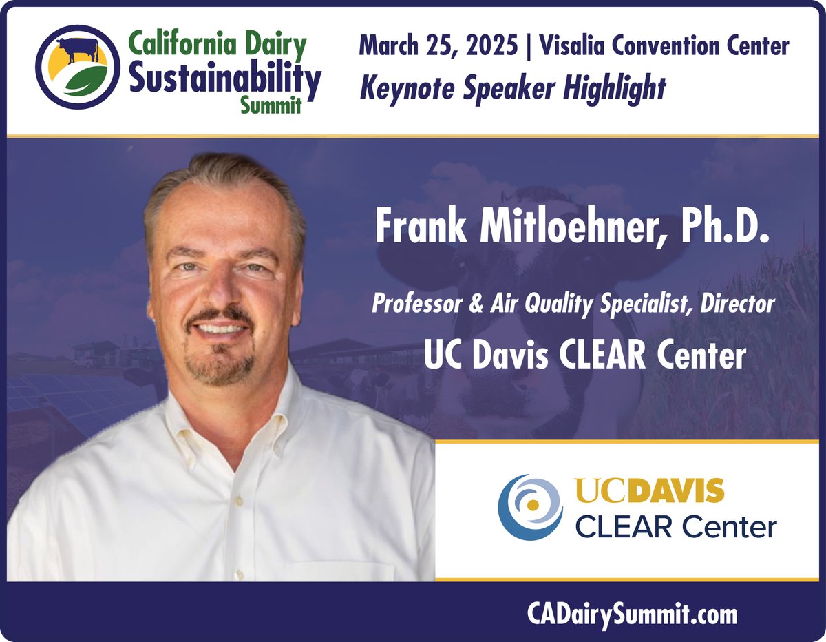 DairyCares's tweet photo. @GHGGuru spoke at our first #CADairySummit in 2018, and we are thrilled that he will be joining us again soon on March 25. Hear from the expert about #CADairy's unprecedented leadership and success in sustainability. Register today for the California Dairy Sustainability Summit, taking place in Visalia! https://t.co/1ry6De9G1Z
@UCDavisCLEAR