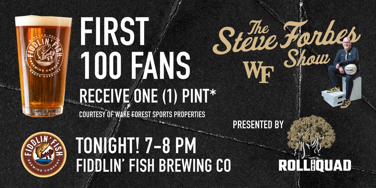 WakeForestSP's tweet image. Pints of @FiddlinFishBrew on us tonight! 🎣🍻

First 100 fans at the show get a voucher for one (1) free pint🍺

See you there!

#GoDeacs | @WakeMBB