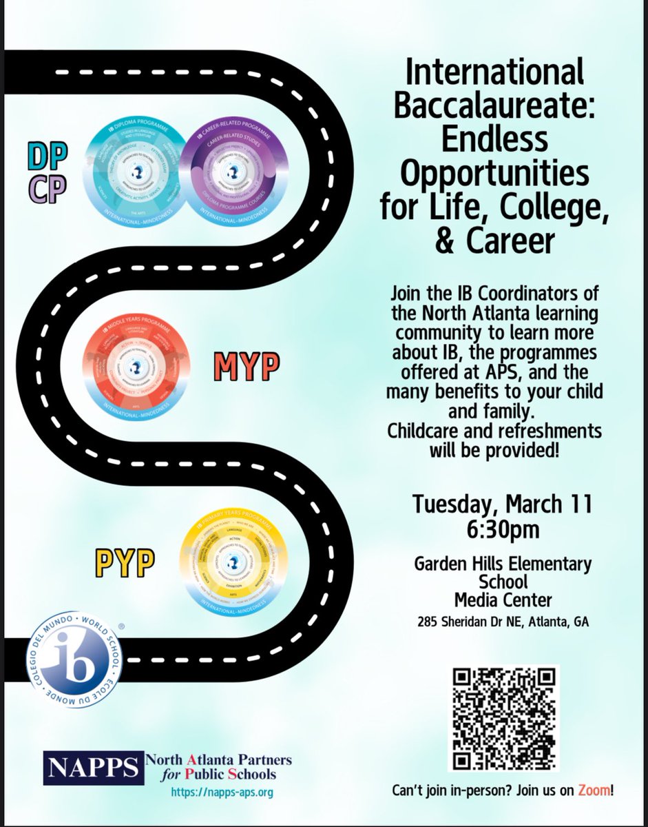 Did you know that college admission counselors pull IB diploma applicants FIRST when evaluating students? 

Join us on Tuesday March 11 at 6:30pm to find out why an IB education and the programs offered at North Atlanta HS are such a differentiator within our cluster.