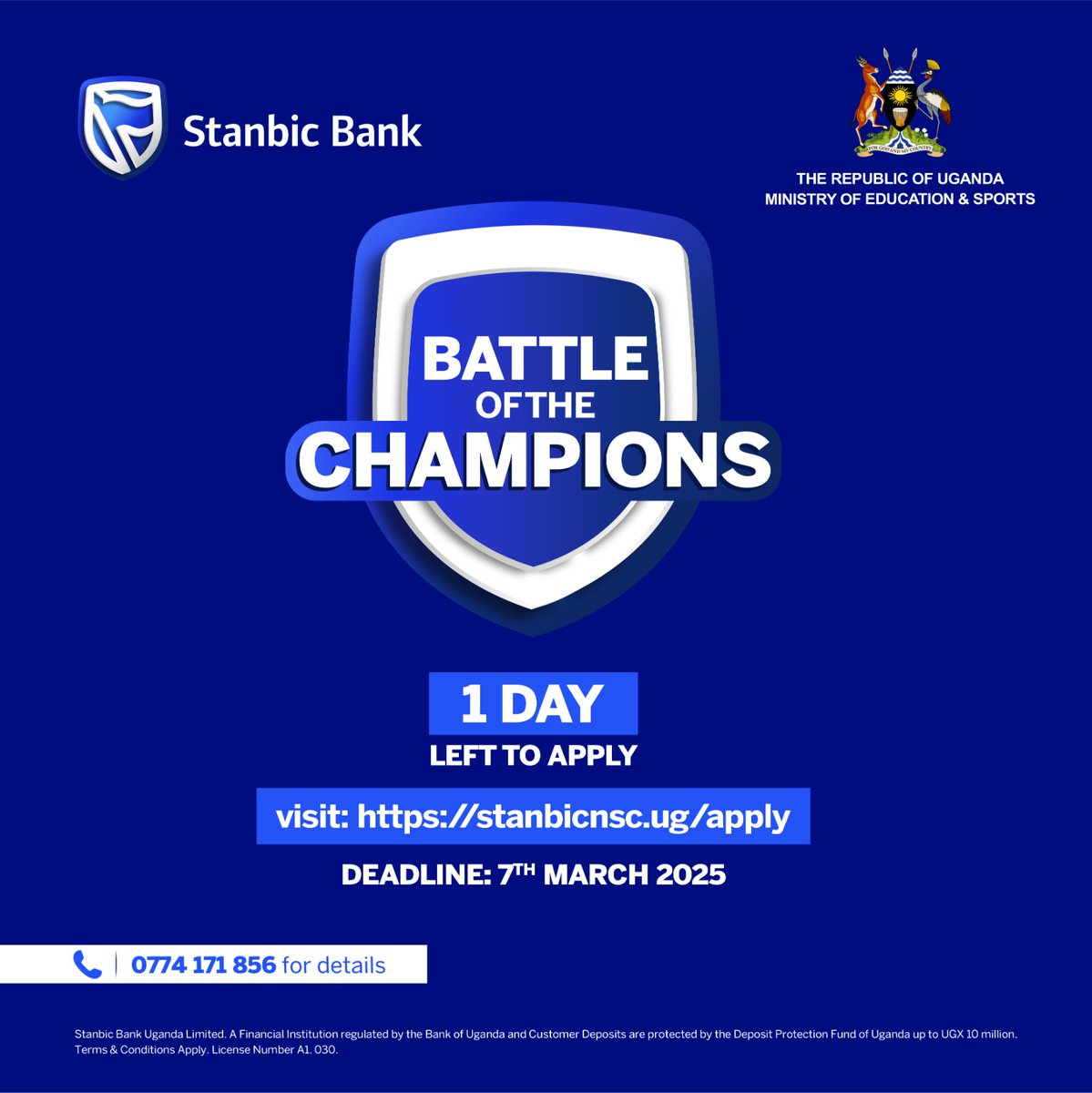 StanbicNSAlumni's tweet photo. The deadline is here!

1 Day left for you to Apply to be part of The Stanbic National Schools Championship.

Who can Apply?
- Secondary &amp; Vocational Schools.

Remember it is Season 10 and we are celebrating the 10th Anniversary of The SNSC! 

Apply here: https://t.co/HoA00ncKjs https://t.co/AYhn8PSkmI