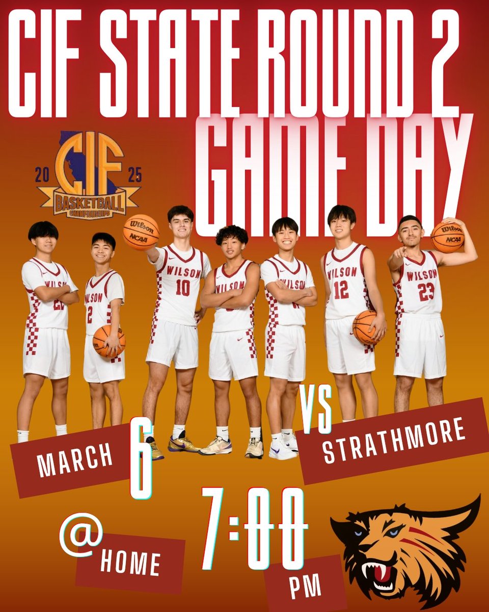 🏀CIF STATE GAME DAY🏀
🆚️ Strathmore
⏰ 7:00 pm
📍Wilson HS

#GoWildcats #WildcatFamily #LeadByExample #WildcatPride #ProudToBeHLPUSD <a href="/mesamustangs/">mesaroblesschool</a> <a href="/bixbywildcats/">Bixby Elementary</a> <a href="/cedarlanetbirds/">Cedarlane Academy TK-8</a> <a href="/hlpusd/">Hacienda La Puente USD</a> <a href="/gawhs_athletics/">Wilson Athletics</a> <a href="/SGVNSports/">Fred J. Robledo 👨🏻‍💻</a> <a href="/MattyK31/">Matthew Kovach</a> <a href="/James_Escarcega/">James Escarcega 📈🏈🏀⚾️🥎 🤼🤽🏽‍♂️🏊🏼‍♀️🏌🏻⚽️</a> <a href="/SGVNSCORES/">SGV, Whittier and Pasadena High School Sports</a> <a href="/HoopsCal/">SoCalHoopsScores</a>