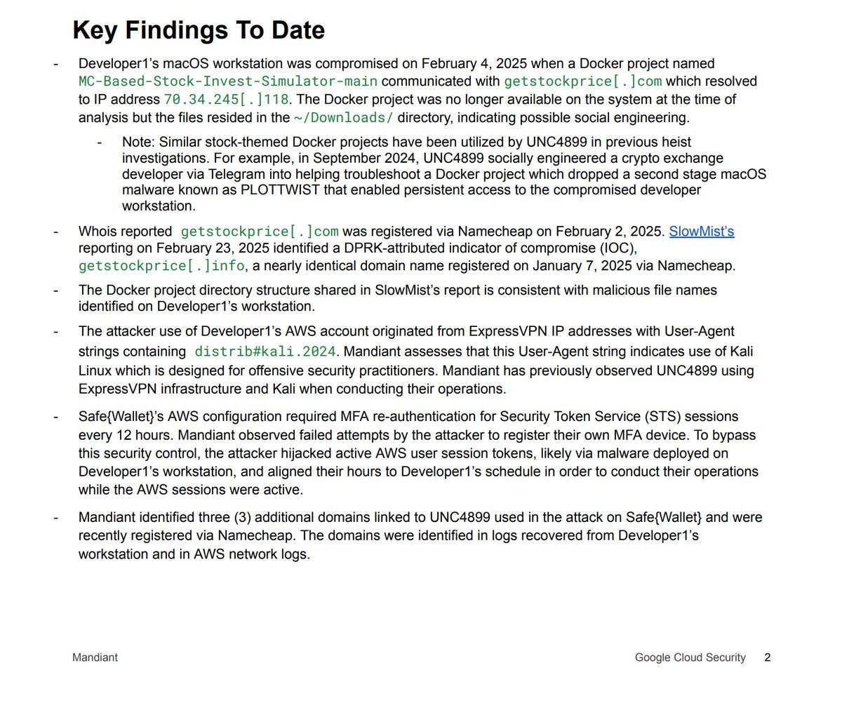 TalBeerySec's tweet image. A few interesting details from @Mandiant report on @safe wallet hack leading to @Bybit_Official breach.
1. The initial access seems to be a social engineering a developer to "help" with a Docker FinTech project, as described by @SlowMist_Team @im23pds