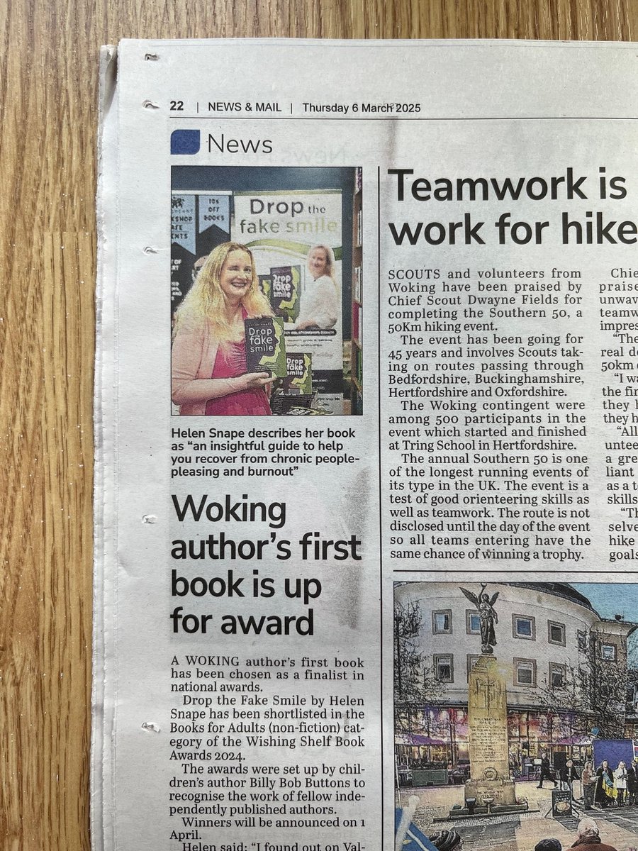 Helen Snape, Coach | Author | Speaker (@helensnape3) on Twitter photo Thanks to <a href="/Woking_NewsMail/">Woking News & Mail</a> for mentioning how my book 'Drop the Fake Smile' is a finalist in the Wishing Shelf Book Awards!
No more fake smiling.
More cheering ourselves and each other on.
#bookaward #selfhelpbook #dropthefakesmile Thanks to <a href="/Woking_NewsMail/">Woking News & Mail</a> for mentioning how my book 'Drop the Fake Smile' is a finalist in the Wishing Shelf Book Awards!
No more fake smiling.
More cheering ourselves and each other on.
#bookaward #selfhelpbook #dropthefakesmile