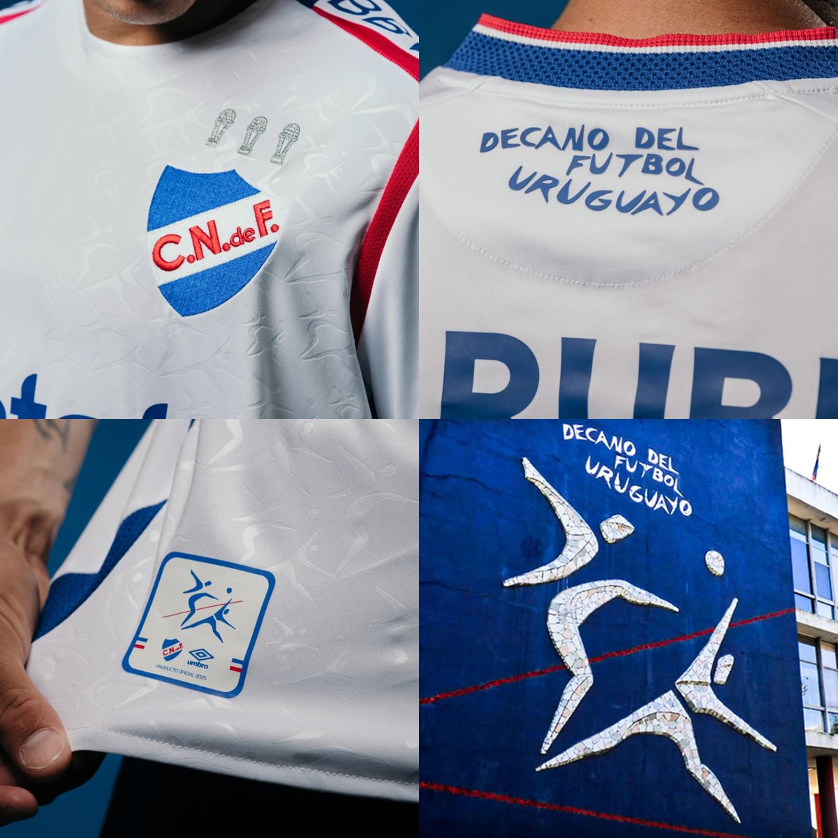 🇺🇾⚪ <a href="/Nacional/">Nacional</a> presenta su camiseta <a href="/UmbroUruguay/">Umbro Uruguay</a> 2025.

Base blanca con vivos en rojo y azul. Trama y detalles inspirados en el mosaico que adorna la fachada de la sede social del club.