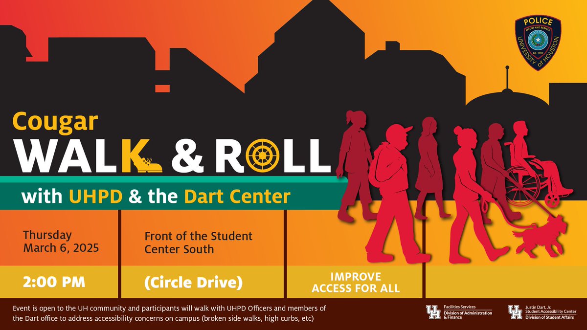 🐾 Join Cougar Walk &amp; Roll! 

Walk with UHPD &amp; the Dart Center to identify &amp; address accessibility concerns on campus!

📅 March 6, 2025
⏰ 2:00 PM
📍 Student Center South (Circle Drive)

Let’s make UH more accessible for all! ❤️🐾