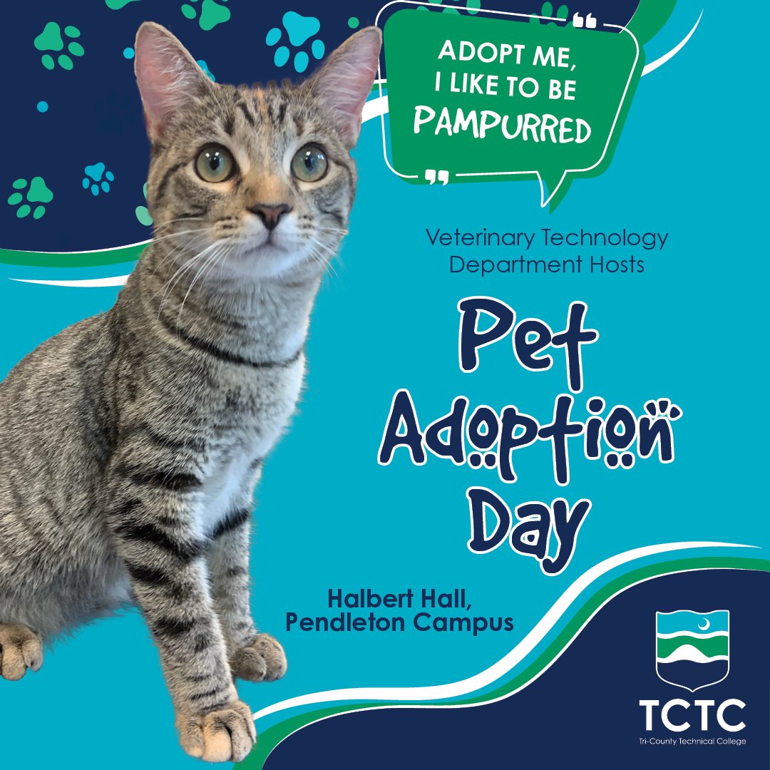 🐶 Are you looking for your next FUR-ever friend?! 🐱 Join Vet Tech next week for their Pet Adoption Day! 

📆 Thursday, March 12
⏰ 4:30 - 6:30 pm
📍 Pendleton Campus, Halbert Hall

#tctcedu