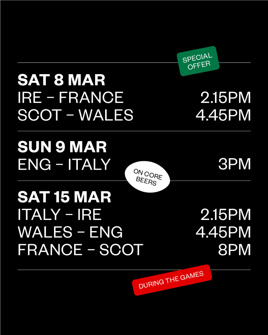 Only three games left—watch it all in The Taproom!

The last three matches are around the corner, gather your mates, grab a pint, and soak up the excitement.

Plus, enjoy special deals on our core range throughout every Six Nations game!

#SixNations #RugbyFinals #BoundaryTaproom