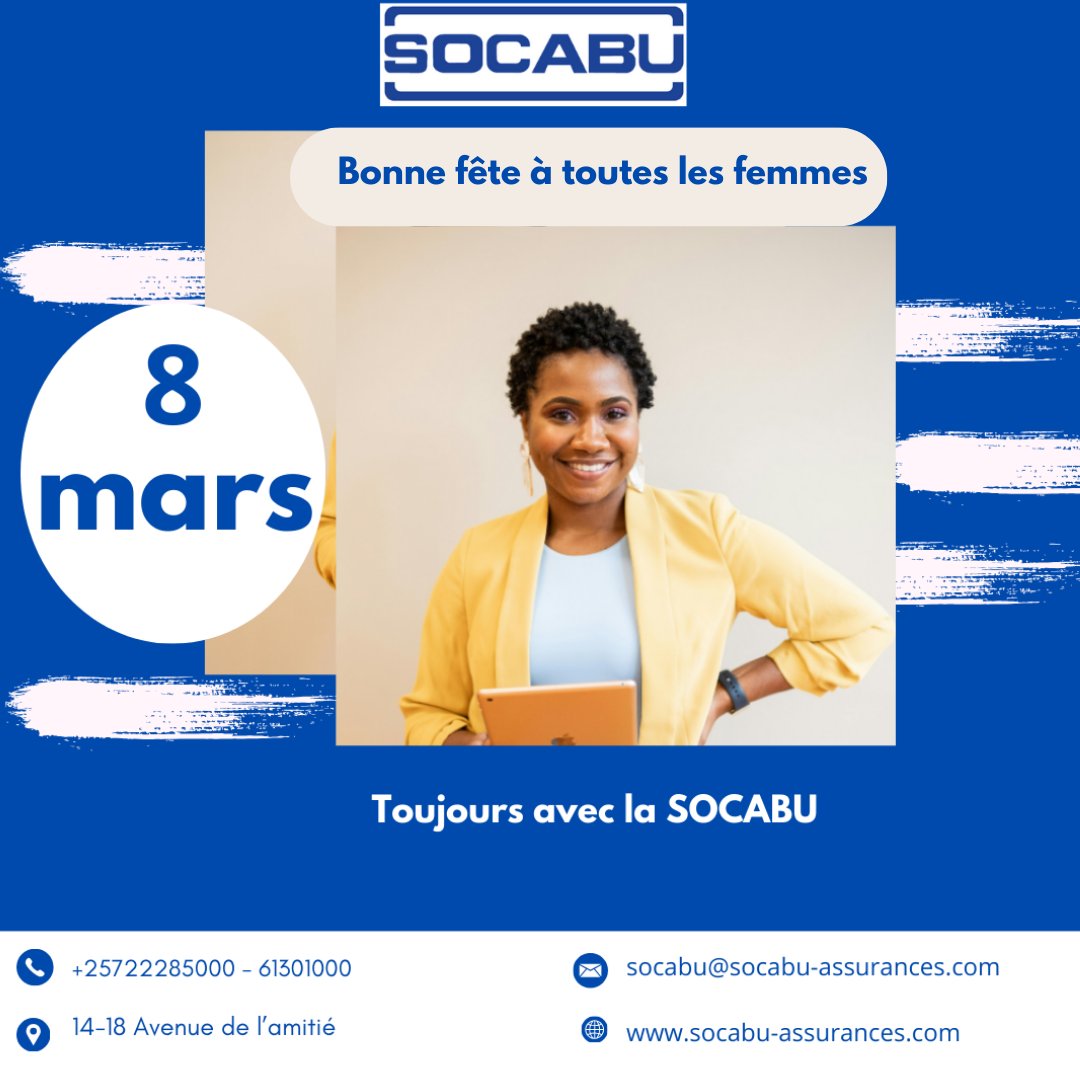La SOCABU souhaite à toutes les femmes de bien célébrer le 8 mars, Journée Internationale qui leur est dédiée.
#SOCABU #assurancesante #diaspora #burundionthemap #assuranceincendie #AssuranceVie #bonnefete #bonnefete