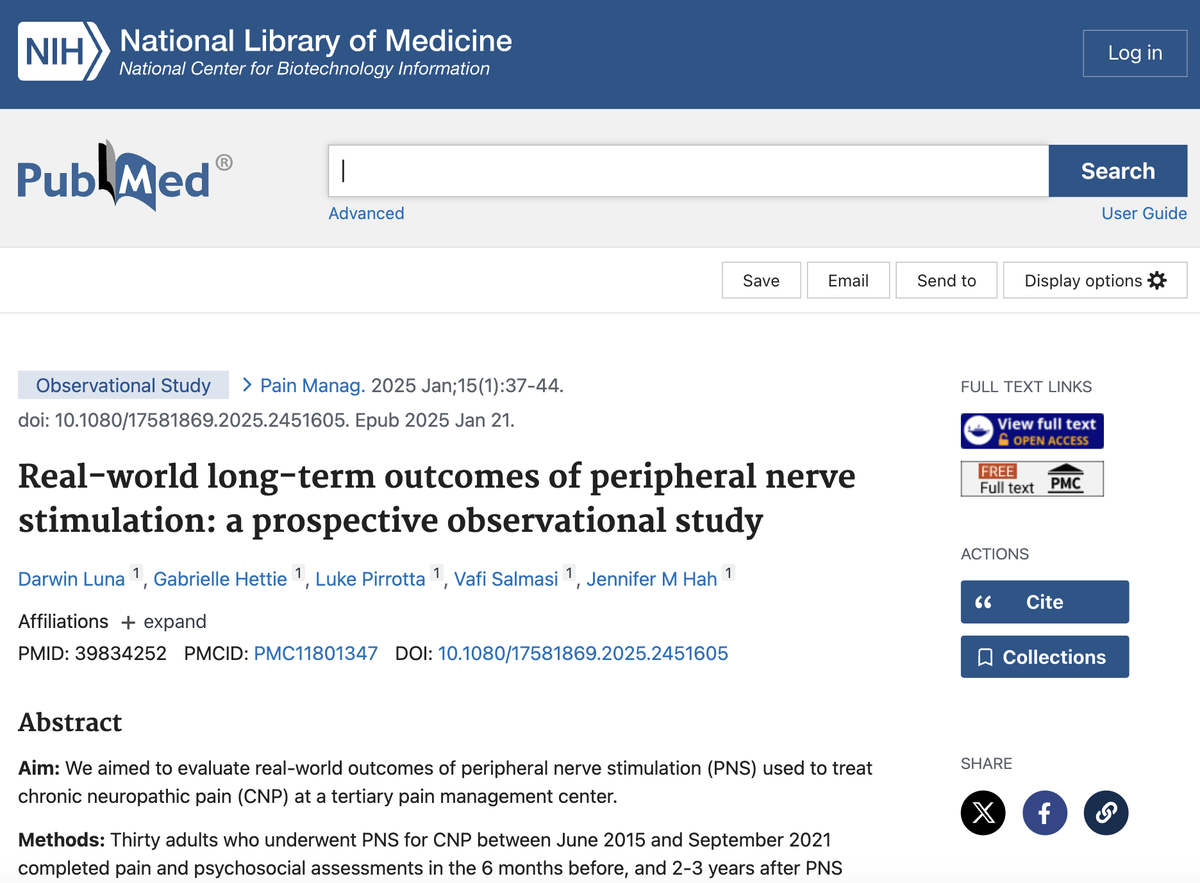 Peripheral Nerve Stimulation: Lasting Pain Relief for Some

The big picture: A new study from Stanford Pain, led by Dr. Jennifer Hah, followed patients for up to three years after receiving peripheral nerve stimulation (PNS) for chronic neuropathic pain. The goal? To see how well