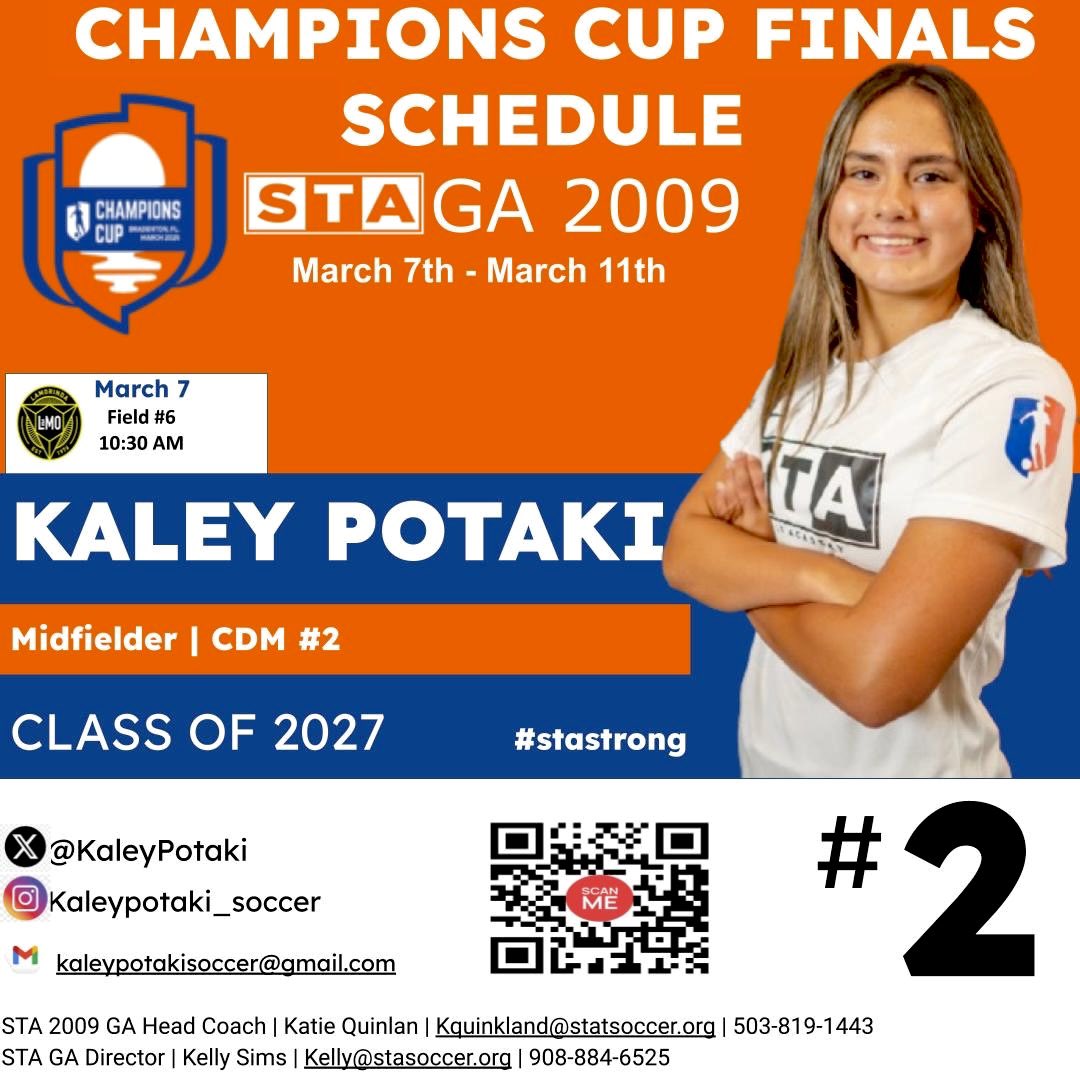 KaleyPotaki's tweet photo. Big game tomorrow!⚽️ Excited to compete at the GA CHAMPIONS CUP FINALS!! ⚽️
Coaches, hope to see you there!!
@ImYouthSoccer @ImCollegeSoccer @STA_Soccer @kellysimsSTA @TopDrawerSoccer @TheSoccerWire @PrepSoccer @GAcademyLeague #classof2027 #stastrong
#stagirlsacademy #staga #gachampionscupfinals #girlsacademyleague