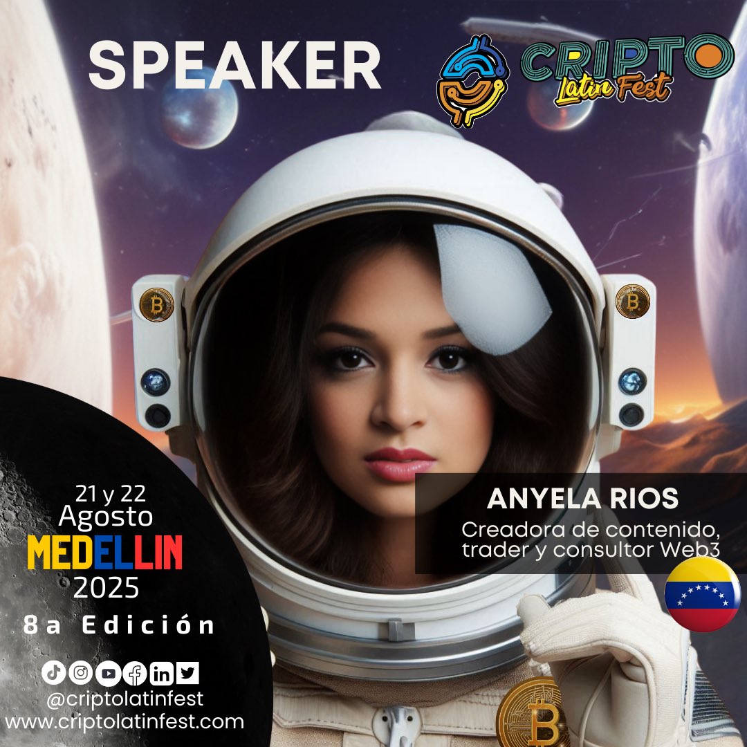 Criptolatinfest's tweet photo. ¡Se sube a la nave del Cripto Latin Fest,  @AnyelaRios7 🚀

Es un honor anunciar a @AnyelaRios7 , Creadora de contenido trader y consultor Web3, quien se une como speaker destacado en la 8va Edición del Cripto Latin Fest 2025, el evento más importante de la región sobre blockchain, cripto y economía digital. 🌍✨

Prepárate para escuchar a uno de los líderes más influyentes del ecosistema cripto, compartiendo su visión, experiencia y estrategias clave en la vibrante ciudad de Medellín. ¡Este 21 y 22 de agosto de 2025 serán días que marcarán un antes y un después para la comunidad cripto en Latinoamérica! 💡🔥

¡No te lo pierdas! 🧑🏻‍🚀👩🏼‍🚀🚀
🎟️Adquiere tus entradas https://t.co/LuT1FbqYp6
#CriptoLatinFest2025 #Blockchain #CriptoRevolución