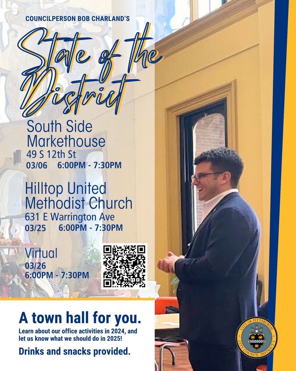 PGHDistrict3's tweet image. Our first Town Hall is today at the South Side Market House, March 6th, at 6pm!
Learn about our initiatives in 2024, and tell us what you'd like to see for 2025. If you can't make it there in-person, please register for the virtual one on March 26th: buff.ly/Ck75LFX