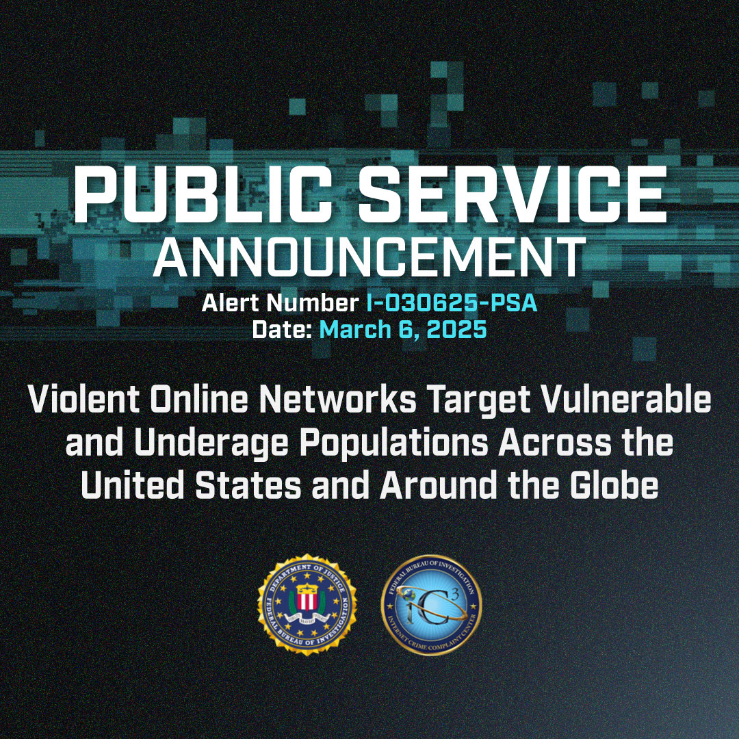 #FBI warns of a sharp increase in the activity of "764" and other violent online networks that target and exploit minors and other vulnerable individuals into producing or live-streaming acts of self-harm, animal cruelty, sexual explicitness, or suicide: ic3.gov/PSA/2025/PSA25…