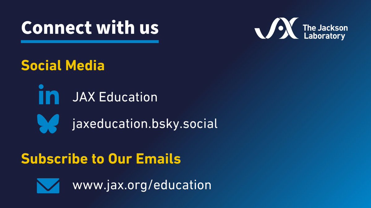 JAX_Education's tweet image. As of March 6, 2025, this account is no longer active.
Join us on ⤵️
LinkedIn: linkedin.com/showcase/10357…
Bluesky: bsky.app/profile/jaxedu…
Please visit us at jax.org/education for the latest experiential learning and programming updates from JAX Genomic Education.