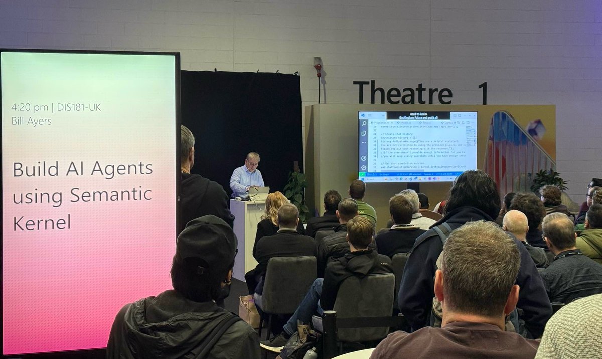 Bill Ayers (@spdoctor) on Twitter photo The #MicrosoftAITour in London yesterday was amazing! So many people, so many discussions in the morning. Thanks to the big group that came to my theatre talk on #SemanticKernel in the afternoon, and the great questions afterwards. Picture credit: <a href="/sfennah/">Sara Fennah</a> The #MicrosoftAITour in London yesterday was amazing! So many people, so many discussions in the morning. Thanks to the big group that came to my theatre talk on #SemanticKernel in the afternoon, and the great questions afterwards. Picture credit: <a href="/sfennah/">Sara Fennah</a>