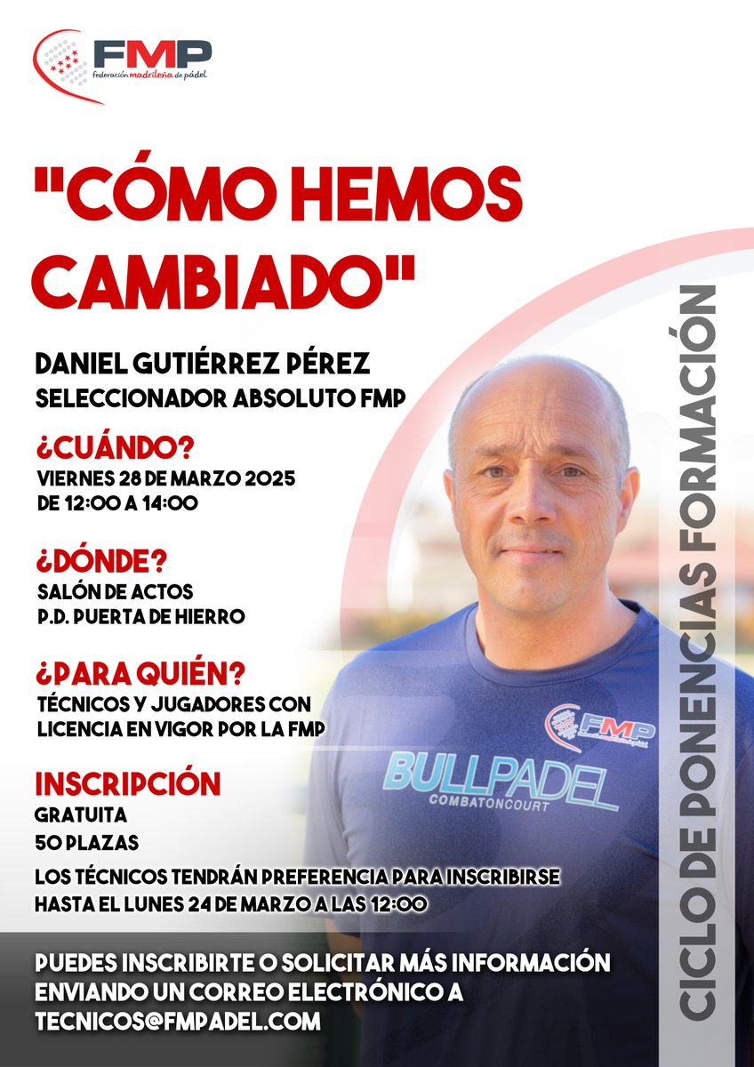 La FMP vuelve a organizar en 2025 su ciclo de ponencias relacionadas con el área de formación, todas ellas GRATUITAS.

La inscripción para la primera ya está abierta 👉tecnicos@fmpadel.com

Más info aquí: acortar.link/AzqD6X
#soyfmpadel