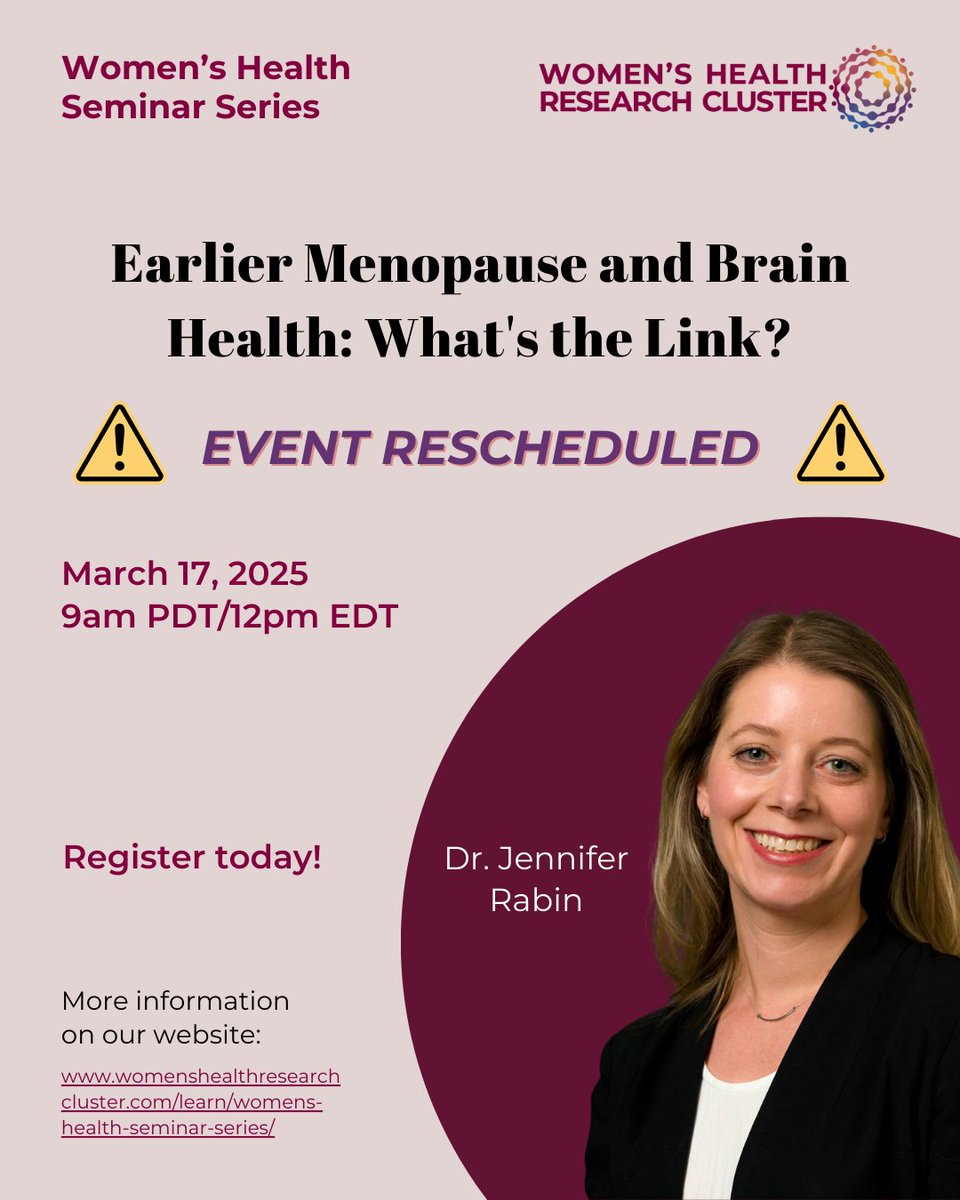 Women's Health Research Cluster (@researchonwh) on Twitter photo 🚨 Oour upcoming #WHSS with <a href="/jsrabin1/">Jennifer Rabin, PhD</a> has been rescheduled to March 17 🚨 Dr. Rabin will explore how early menopause, genetics, vascular health, & lifestyle factors can contribute to #AlzheimersDisease in women 🧠
🔗 Not registered yet? Sign up here: womenshealthresearchcluster.com/registration/ 🚨 Oour upcoming #WHSS with <a href="/jsrabin1/">Jennifer Rabin, PhD</a> has been rescheduled to March 17 🚨 Dr. Rabin will explore how early menopause, genetics, vascular health, & lifestyle factors can contribute to #AlzheimersDisease in women 🧠
🔗 Not registered yet? Sign up here: womenshealthresearchcluster.com/registration/