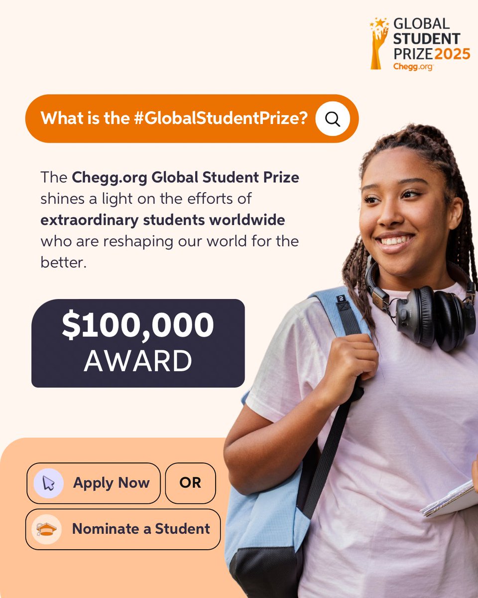STUDENTS: WIN $100K &amp; GET GLOBAL RECOGNITION! 🌍🏆  

Making an impact in your community or the world? The $100,000 Chegg.org #GlobalStudent Prize 2025 is here to celebrate YOU!   

💡 Education, activism, innovation—whatever your passion, this is your chance to