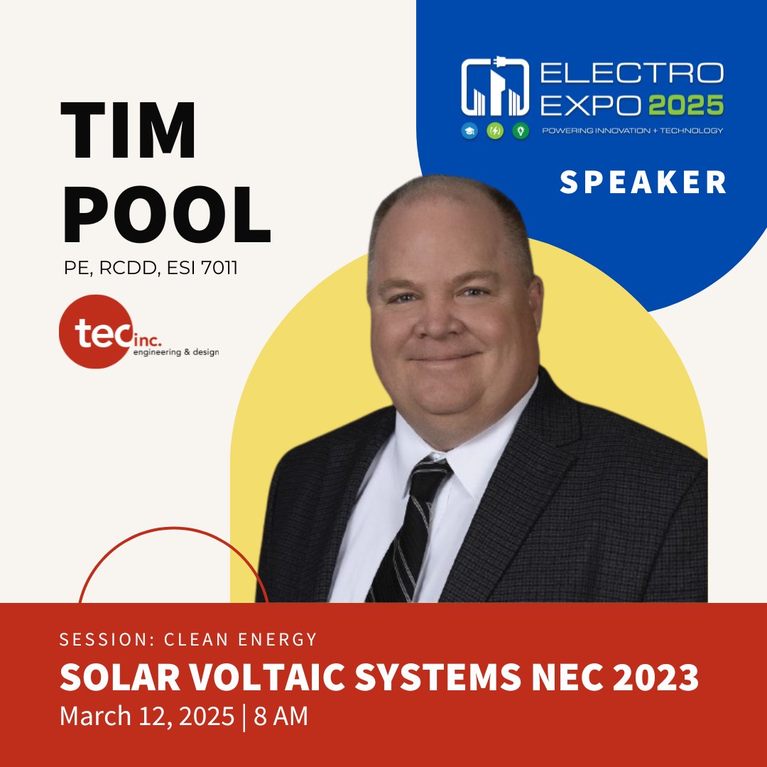 🌞 Catch Tim Pool’s Session at Electro Expo: Solar Photovoltaic Systems NEC 2023! ⚡

Don’t miss Tim Pool, Director of Engineering at Tec Inc., as he dives into the world of Solar Photovoltaic Systems at Electro Expo on March 12, 2025.

With more technologies emerging to conv ...
