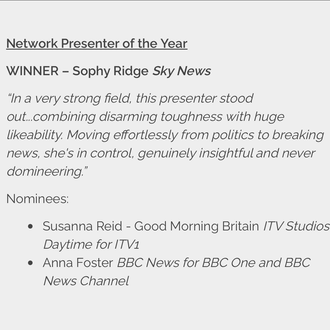 SophyRidgeSky's tweet image. Thrilled to win Presenter of the Year at @RTS_media awards - a huge honour and a real pinch yourself moment for me to be among previous winners like @susannareid100 @CliveMyrieBBC @maitlis @annabotting