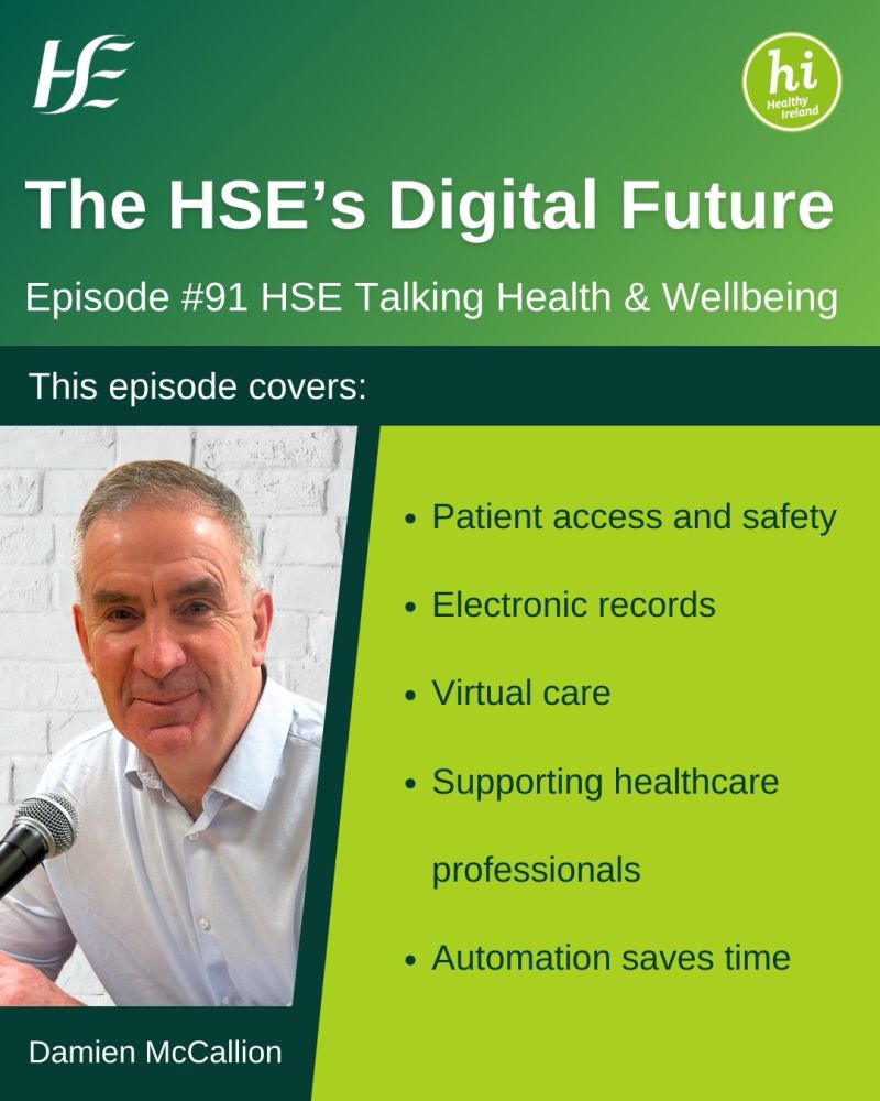 Tune in to this week's #TalkingHealthandWellbeing podcast where Damien McCallion our Chief Technology and Transformation Officer &amp; HSE Deputy CEO, discusses various aspects of the work underway on the HSE’s drive to digital healthcare.

Listen here🎧: pulse.ly/p2zvwculs1