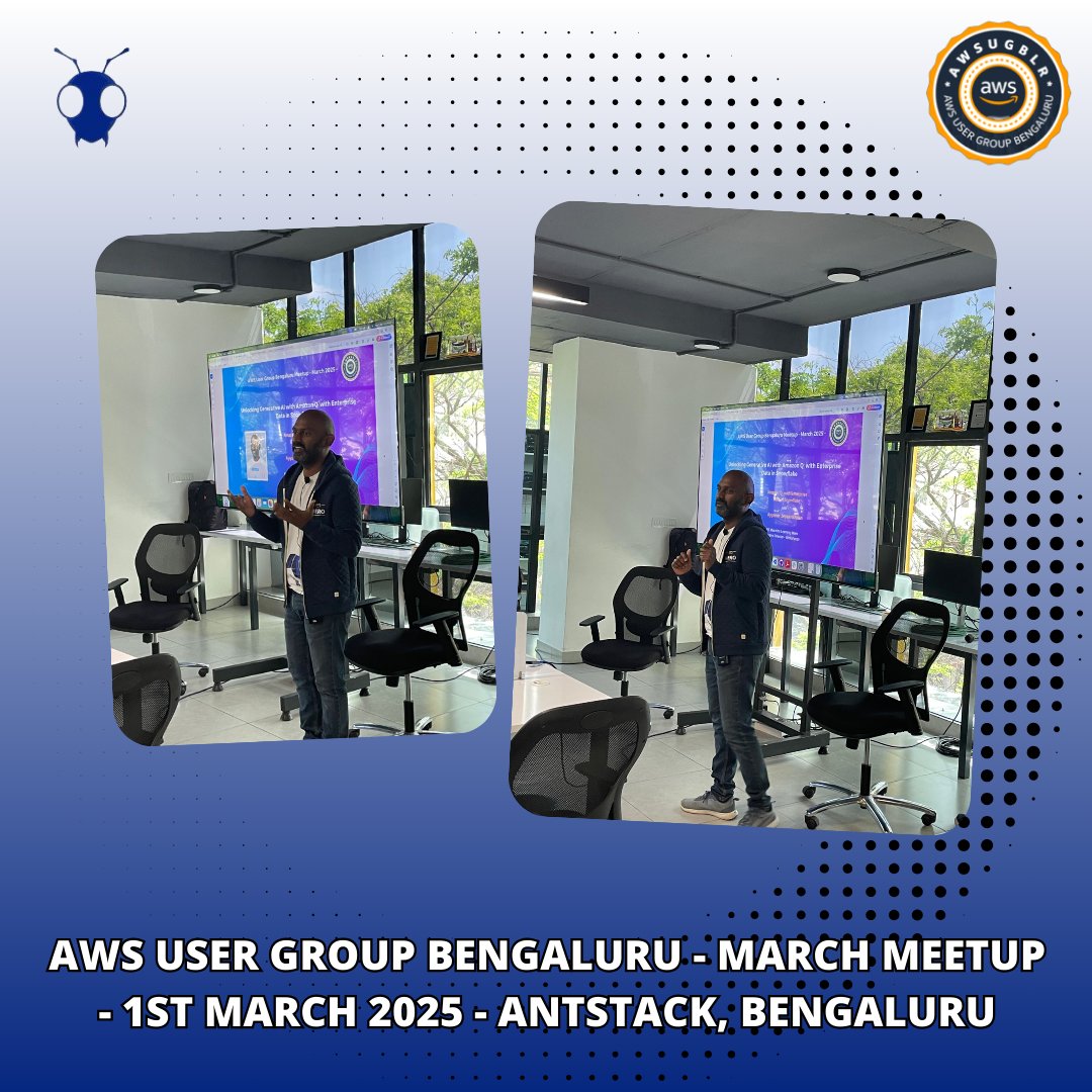 awsugblr (@awsugblr) on Twitter photo Thanks for joining us for <a href="/awsugblr/">awsugblr</a> March 2025 meet-up! And cheers to <a href="/jeevandongre/">Jeevan Dongre</a>, <a href="/prashanth/">Prashanth HN</a> and <a href="/AntStack/">AntStack</a> team for supporting us for the meet-up.
Thanks to Massimo and <a href="/JAyyanar/">AYYANAR.J</a> for sharing their insights
Stay tuned for more updates - meetup.com/awsugblr/
#AWSUGBLR Thanks for joining us for <a href="/awsugblr/">awsugblr</a> March 2025 meet-up! And cheers to <a href="/jeevandongre/">Jeevan Dongre</a>, <a href="/prashanth/">Prashanth HN</a> and <a href="/AntStack/">AntStack</a> team for supporting us for the meet-up.
Thanks to Massimo and <a href="/JAyyanar/">AYYANAR.J</a> for sharing their insights
Stay tuned for more updates - meetup.com/awsugblr/
#AWSUGBLR