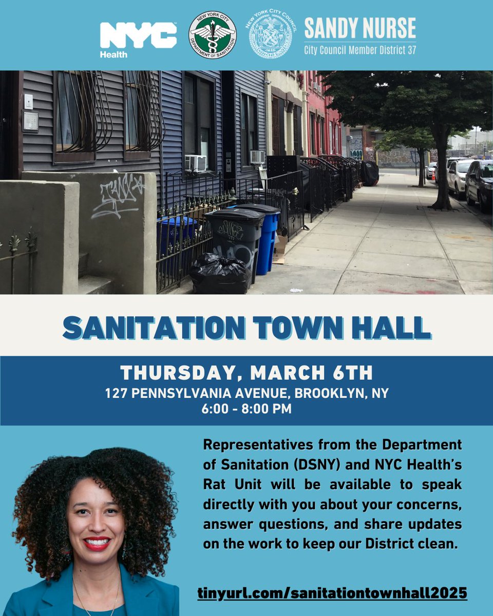 Last chance to register for our sanitation town hall happening tonight! Join us from 6 to 8 PM at 127 Pennsylvania Avenue, Brooklyn NY and hear directly from DSNY and NYC Health's Rat Unit.

🔗 RSVP tinyurl.com/sanitationtown…