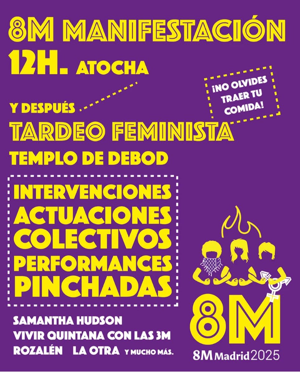 Cancelamos la concentración en la Plaza de Cervantes este domingo ante la previsión de lluvia, pero seguimos adelante con laa demás actividades de las Jornadas Feministas. Próxima parada: la estación de tren de Alcalá (sábado, 11:00h.), para ir juntas a la mani del 8M 💜💪