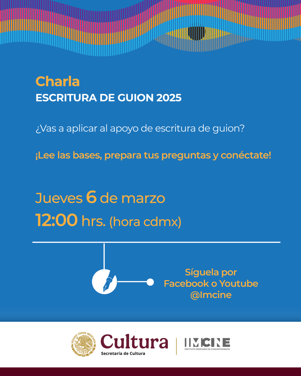 imcine's tweet image. 📣 No te pierdas la charla de la Convocatoria de Estímulo a la Escritura de Guión.

HOY mediodía  hora de la CDMX.

#EnVivo  en nuestros perfiles de #YouTube y #Facebook 

¡Lee las bases, prepara tus preguntas y conéctate!

 youtube.com/live/Y1vkP12Z8…