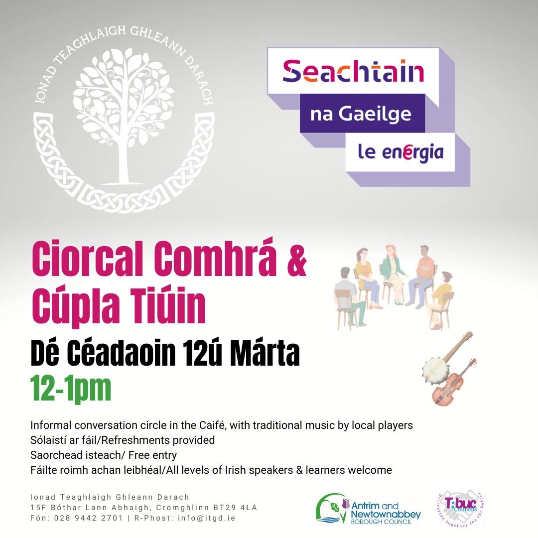 Ionad Teaghlaigh Ghleann Darach (@ionadghleannd) on Twitter photo Beidh Ciorcal Comhrá ar siúl an tseachtain seo chugainn dóibh siúd a bhfuil Gaeilge acu cheana féin agus ar mian leo í a chleachtadh. Beidh cúpla tiúin le chluinstin fosta!🎻Fáilte roimh achan leibhéal cumais <a href="/SnaGaeilge/">Seachtain na Gaeilge le Energia</a> #seachtainnagaeilge <a href="/ANBorough/">Antrim & Newtownabbey Borough Council</a> Beidh Ciorcal Comhrá ar siúl an tseachtain seo chugainn dóibh siúd a bhfuil Gaeilge acu cheana féin agus ar mian leo í a chleachtadh. Beidh cúpla tiúin le chluinstin fosta!🎻Fáilte roimh achan leibhéal cumais <a href="/SnaGaeilge/">Seachtain na Gaeilge le Energia</a> #seachtainnagaeilge <a href="/ANBorough/">Antrim & Newtownabbey Borough Council</a>