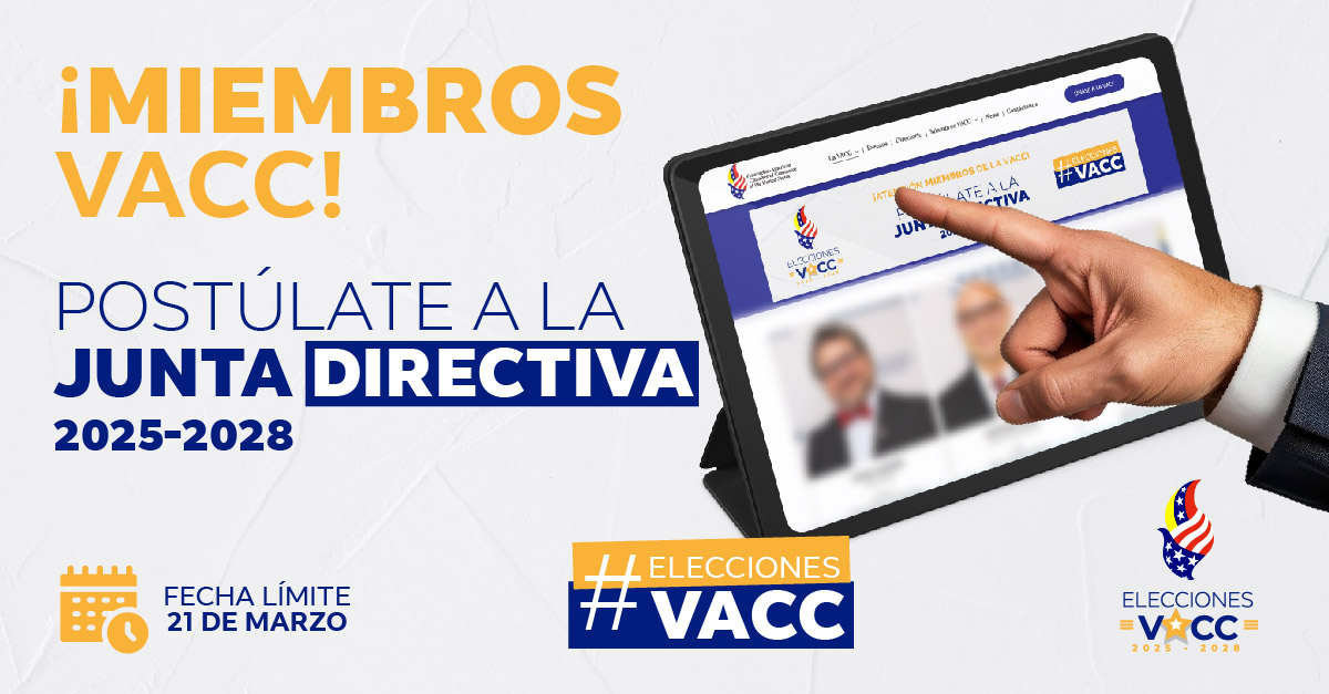 ✅ Para el nuevo ciclo 2025 – 2028 serán electos 4 cargos a director de la VACC.

Postúlate ingresando a nuestra web 👉 venezuelanchamber.org/elecciones-2025 o contáctanos al correo info@venezuelanchamber.org.

¡Sé parte del futuro de la VACC! 💡🤝

#EleccionesVACC2025 #FuturoVACC