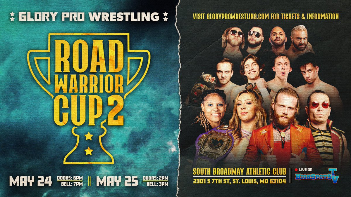 ROAD WARRIOR CUP 2

Glory Pro Wrestling's annual celebration of tag team wrestling returns May 24-25 in St. Louis, MO

Tickets on sale TOMORROW at 10am